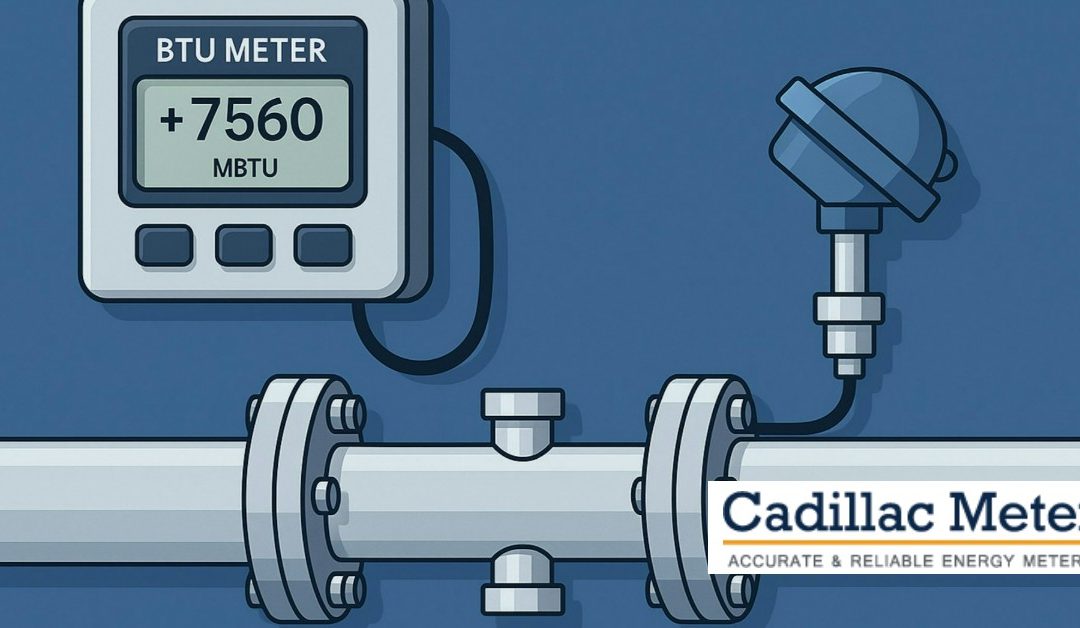 Illustration of a Condensate BTU Meter system with a flow sensor and pipeline used for energy measurement in industrial settings