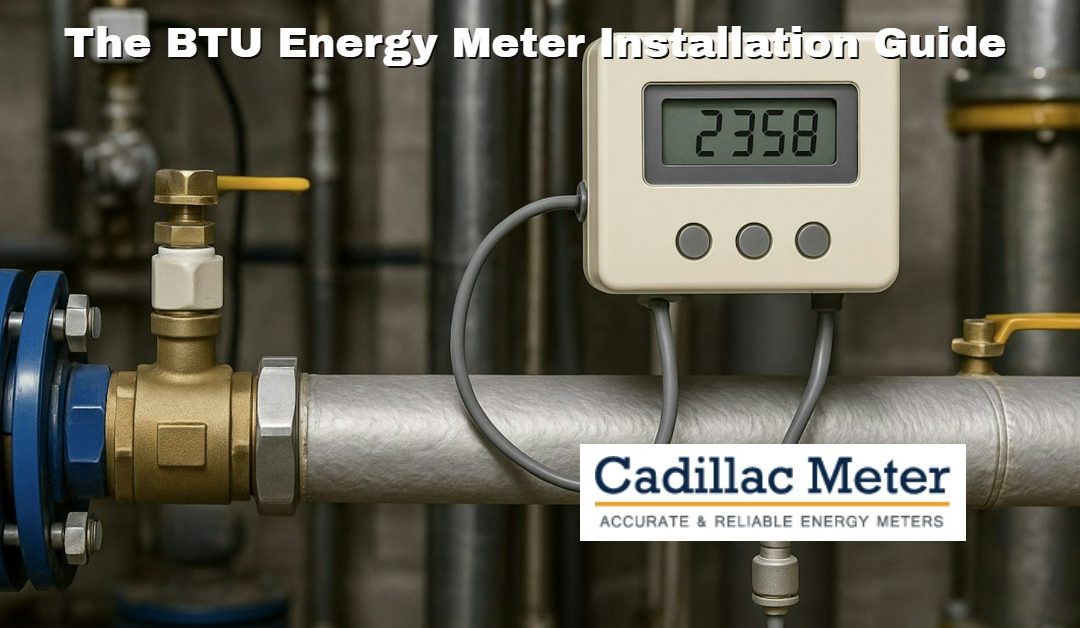 High-resolution photo of a BTU energy meter installed on insulated piping in a mechanical room